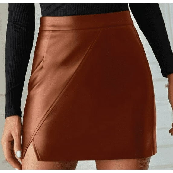 YMNXA Womens Skirt High Waist Solid Color Pencil Skirt Slim Fit Stretch Mini Skirt With Slit For Casual Wear And Party Brown Xxl