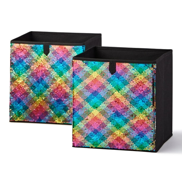Mainstays Collapsible Cube Storage Bins, Reversible Sequin, Set of 2