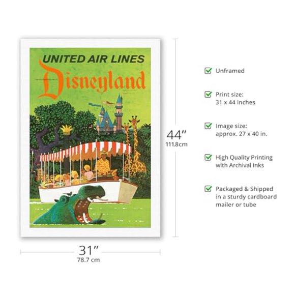 California - Jungle Cruise Hippo - United Air Lines - Vintage Airline Travel Poster by Stan Galli c.1960s - Fine Art Rolled Canvas Print 27in x 40in