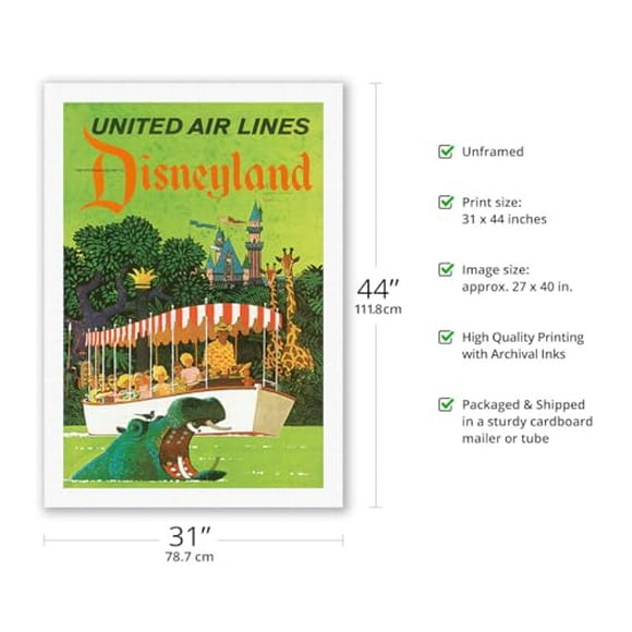 California - Jungle Cruise Hippo - United Air Lines - Vintage Airline Travel Poster by Stan Galli c.1960s - Fine Art Rolled Canvas Print 27in x 40in