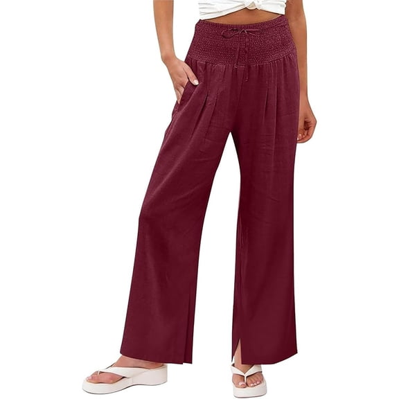 Nhthy Women's Summer Split Wide Leg Linen Long Pants, Elastic Waist Full Length Casual Daily Wear Trousers Red S