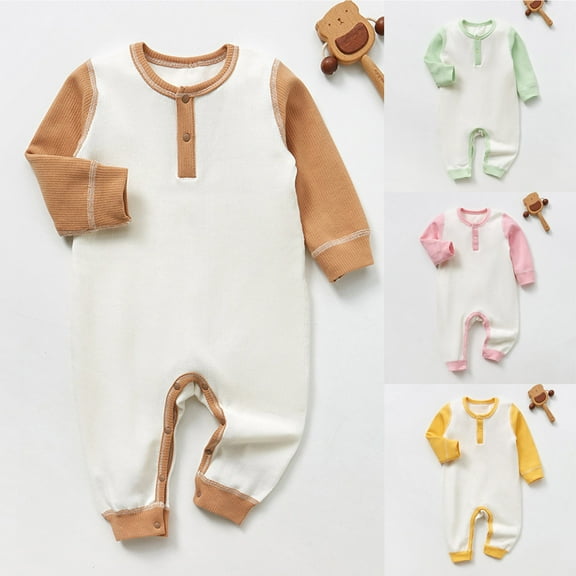 Summer Baby Boys Clothing Agkizg Baby Boys Bodysuits, Baby Boys Long Sleeves Rompers, Male and Female Babies Bodysuit Color Block Button Knitted Long Sleeved Round Neck Jumpsuit