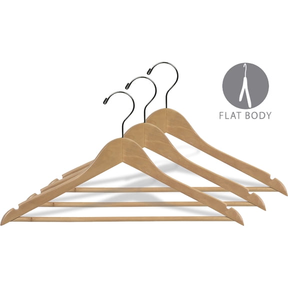 Wood Suit Hanger w/ Solid Wood Bar and Natural Finish, (Box of 25) Space Saving 17 Inch Flat Wooden Hangers w/ Chrome Swivel Hook & Notches for Shirt Dress or Pants by International Hanger