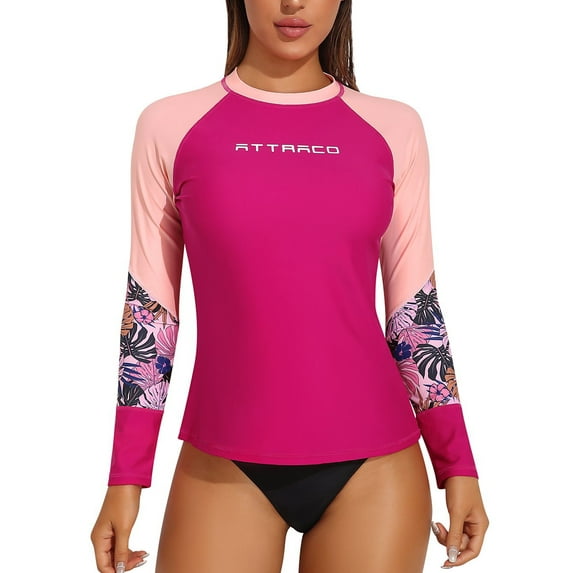 Women's Color Blocked Rash Guard Leaf Splic Long Sleeve Swimsuit Tops UPF 50+ Swim Shirt