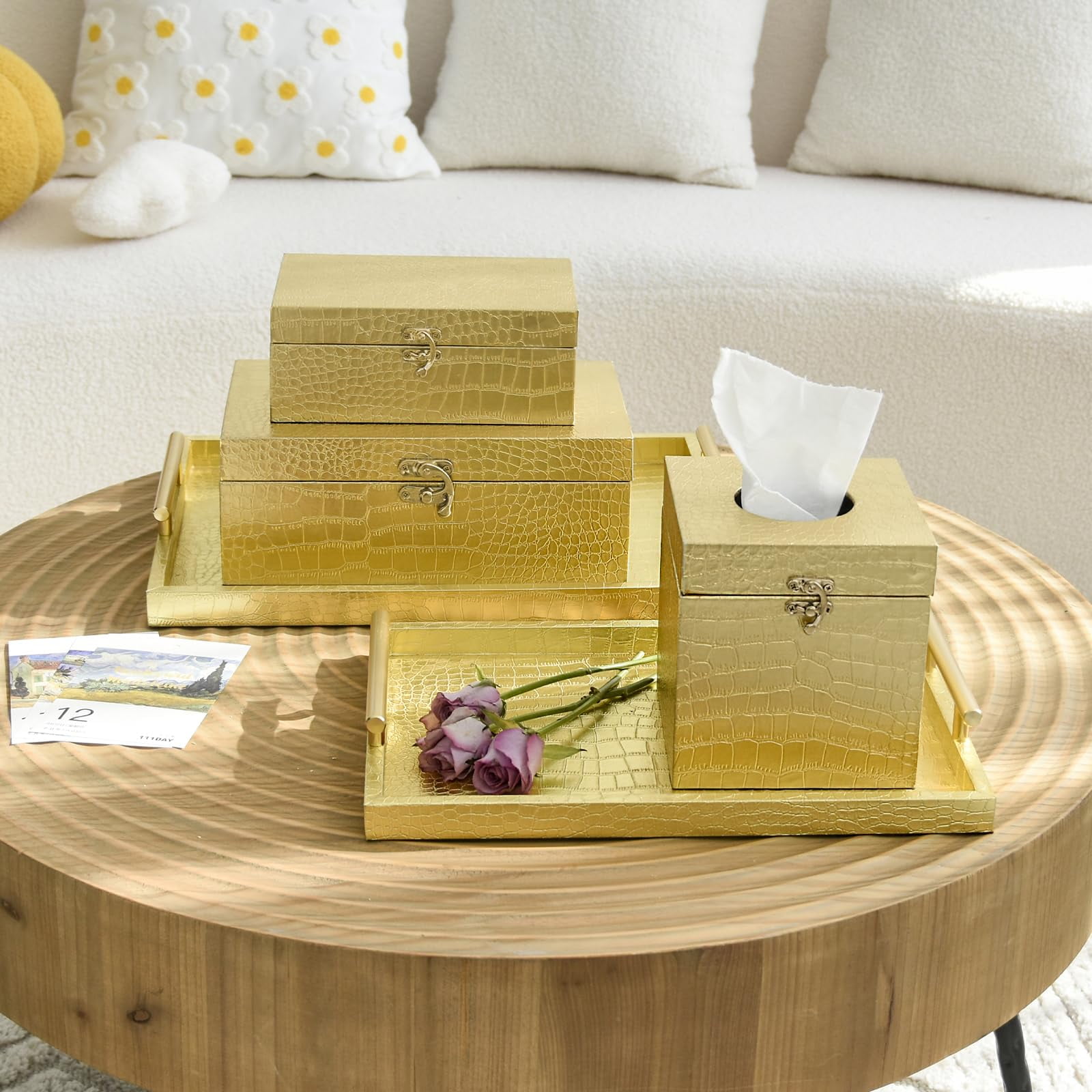 MODE HOME Set of 2 Gold Crocodile Leather and Wood Nesting Storage Boxes, Decorative Keepsake Chests with Clasps
