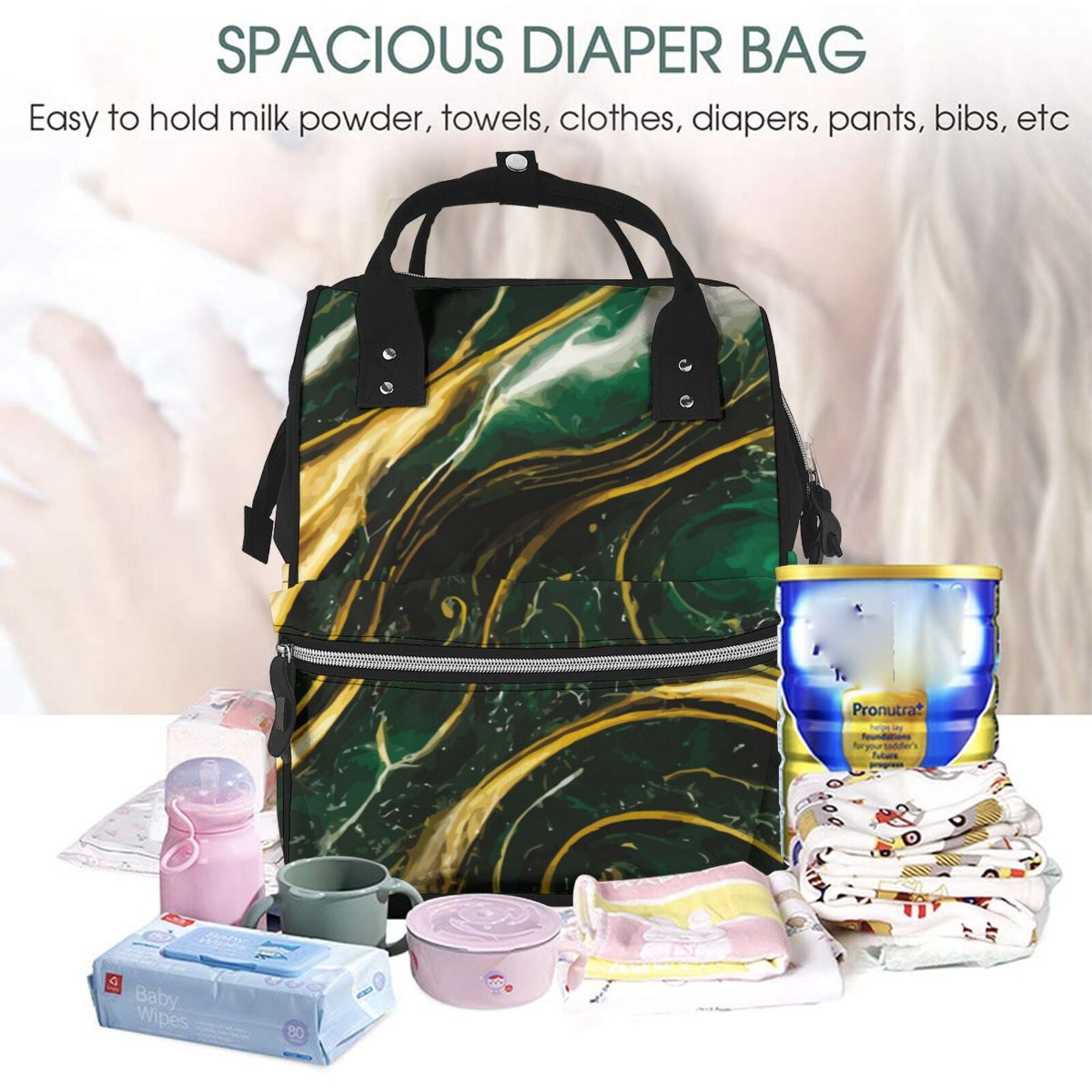 Ratiio Green Marble Mummy Backpack - Waterproof Twill Canvas, Large Capacity Diaper Bag with Multiple Pockets and Adjustable Straps