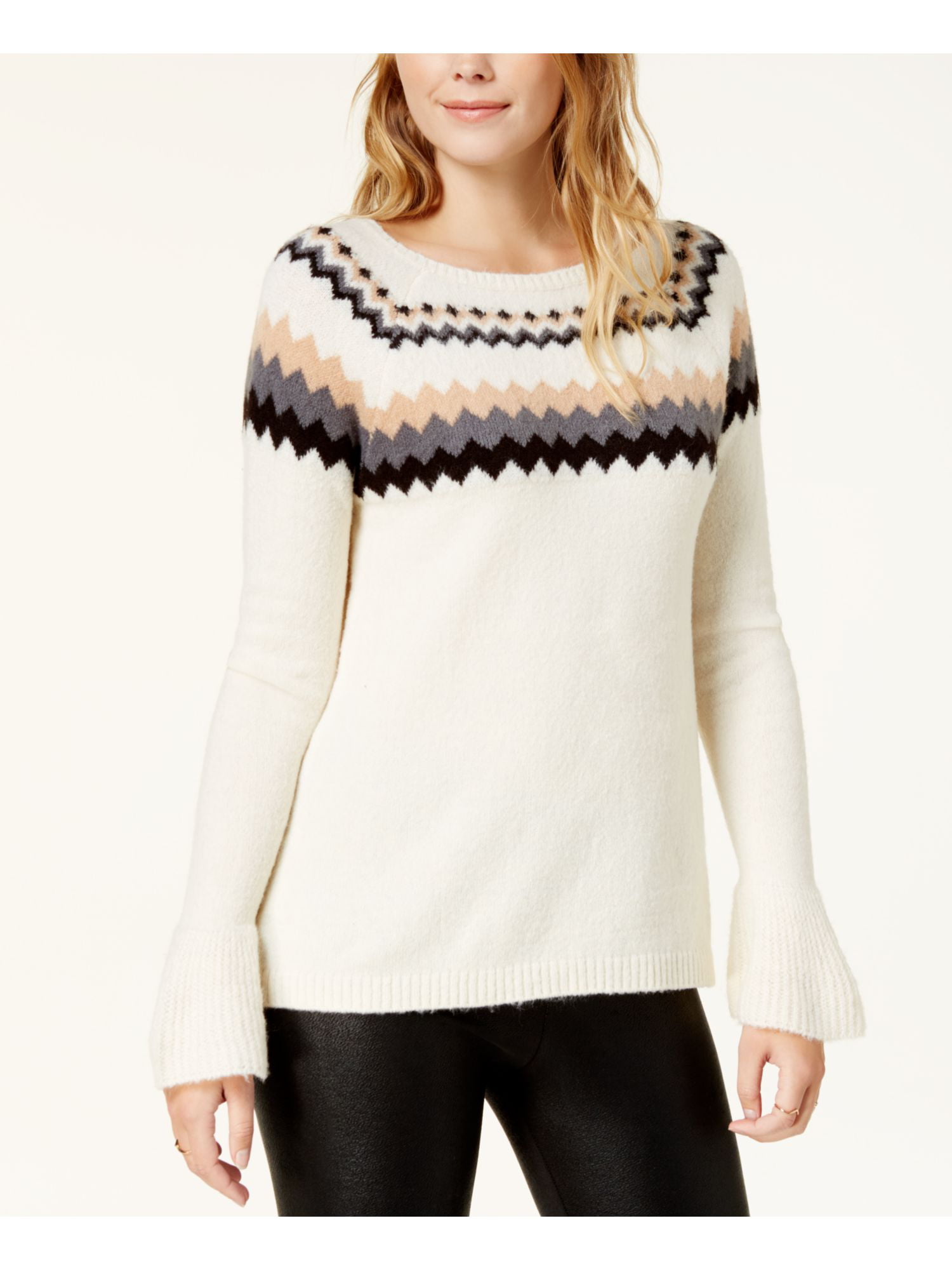 Kensie Womens Knit Long-Sleeve Scoop Neck Printed Sweater 