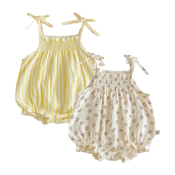 LYMAYTER ‌Newborn Baby Girl Romper Summer Sleeveless Halter Smocked Floral Print Bubble Clothes‌ 3-24M