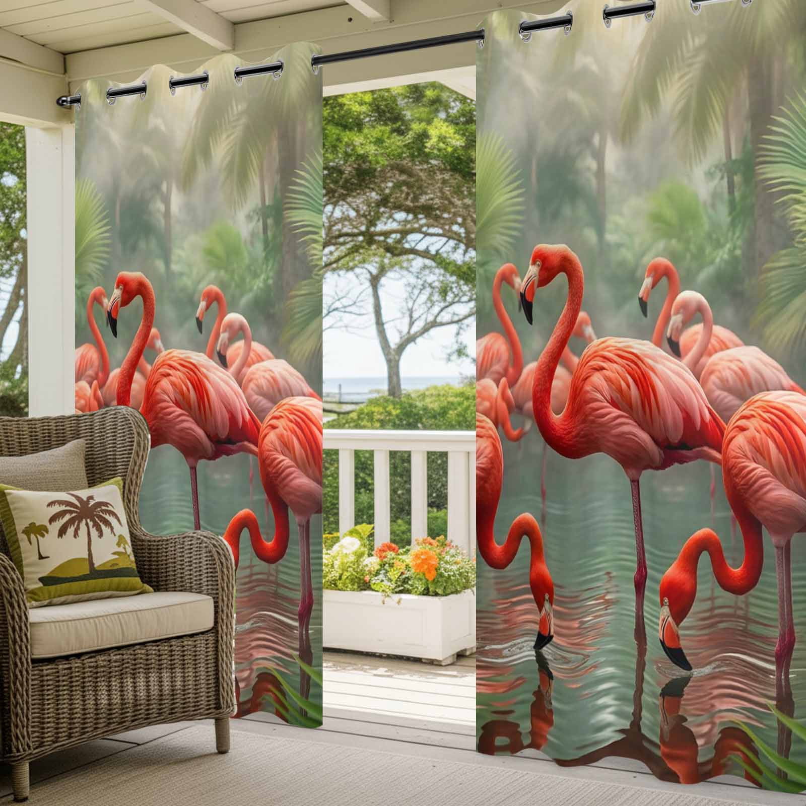 Flamingo Colony Outdoor Curtains for Patio, Animal Jungle Leaf Tropical Pond Rainforest Botanical Sunshade Privacy Drapes Grommet Waterproof Outside Curtains for Porch Balcony 54"x108", 1 Panel