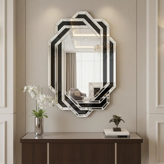 Decorative Wall Mirror with Mirrored Frame, 36" x 24" Octagonal Mirror with Beveled Edge and Glass Pieces for Living Room, Bathroom, Bedroom, Dining Room, Hallway, Unique Design
