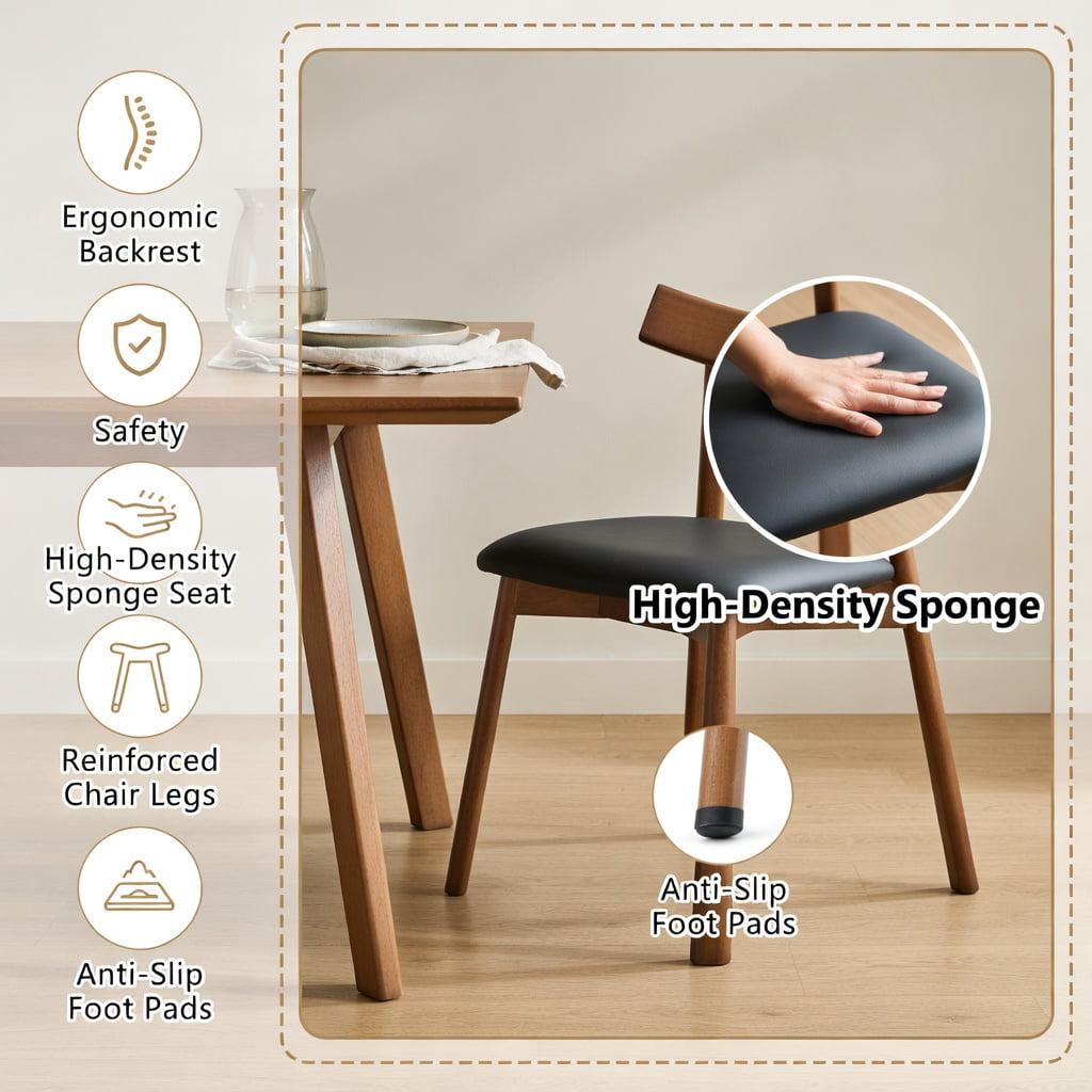 Hommoo 2-Pack Solid Wood Dining Chairs with PU Cushions & Ergonomic Curved Backrest, Modern Farmhouse & Scandinavian Style Home Dining Set, Black & Walnut