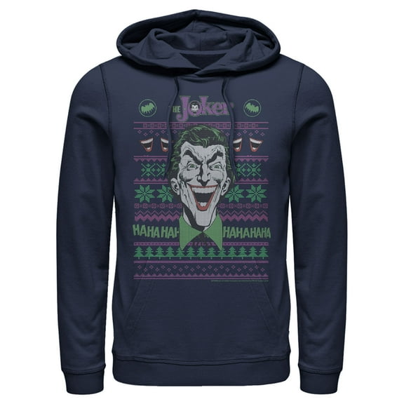 Men's Batman Ugly Christmas Joker Laugh Pull Over Hoodie Navy Blue 2X Large