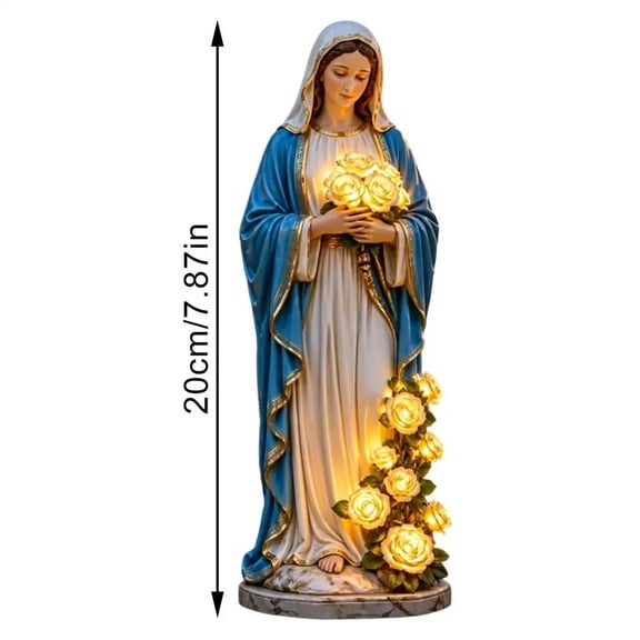 Virgin Mary Garden Statue with Lighting Roses Resin Religious Figurine Hand Made Christian Garden Decor for Mother Day Gifts