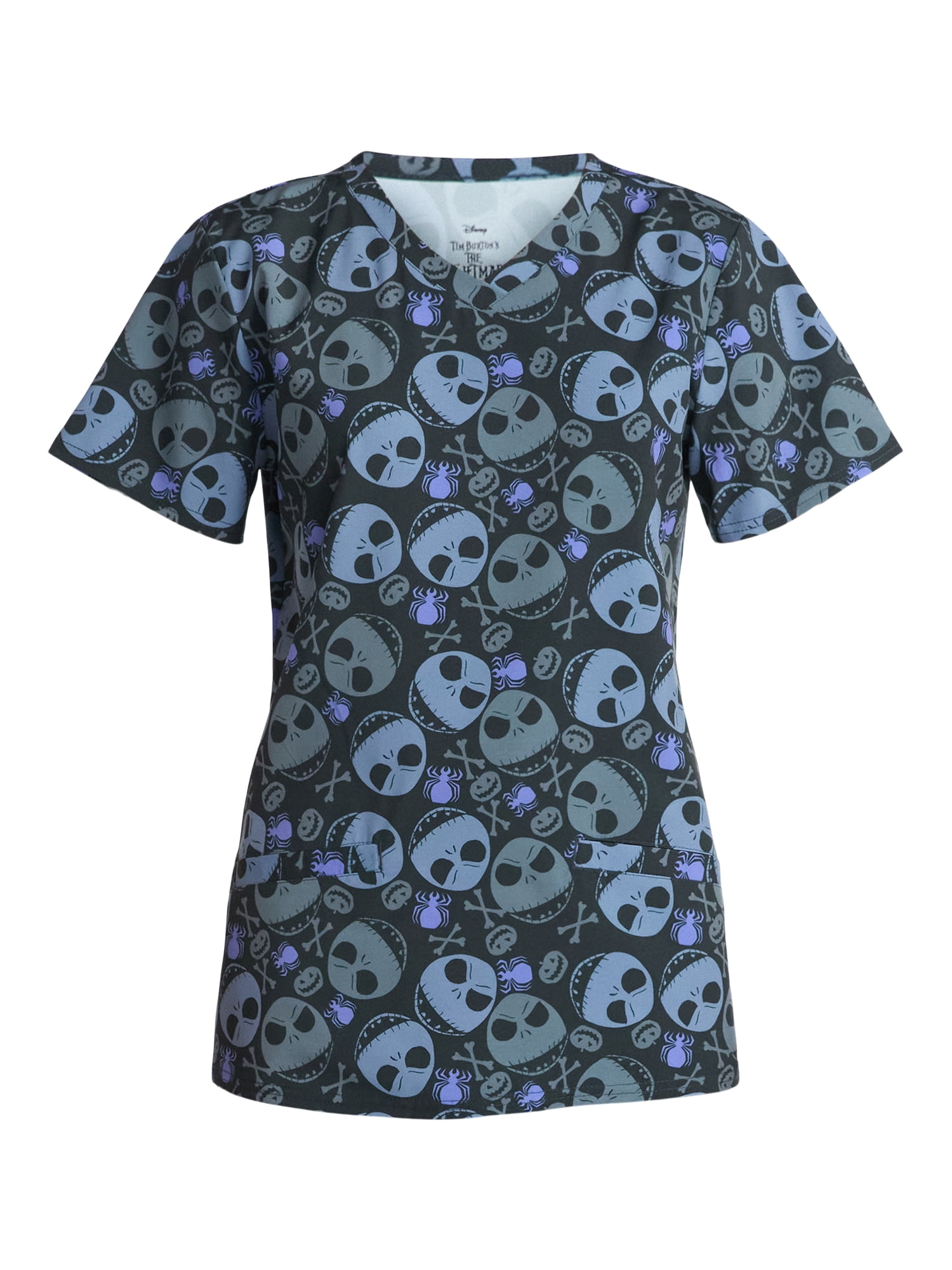 Nightmare Before Christmas Women's Holiday Scrub Top with Short Sleeves, Sizes S-3XL