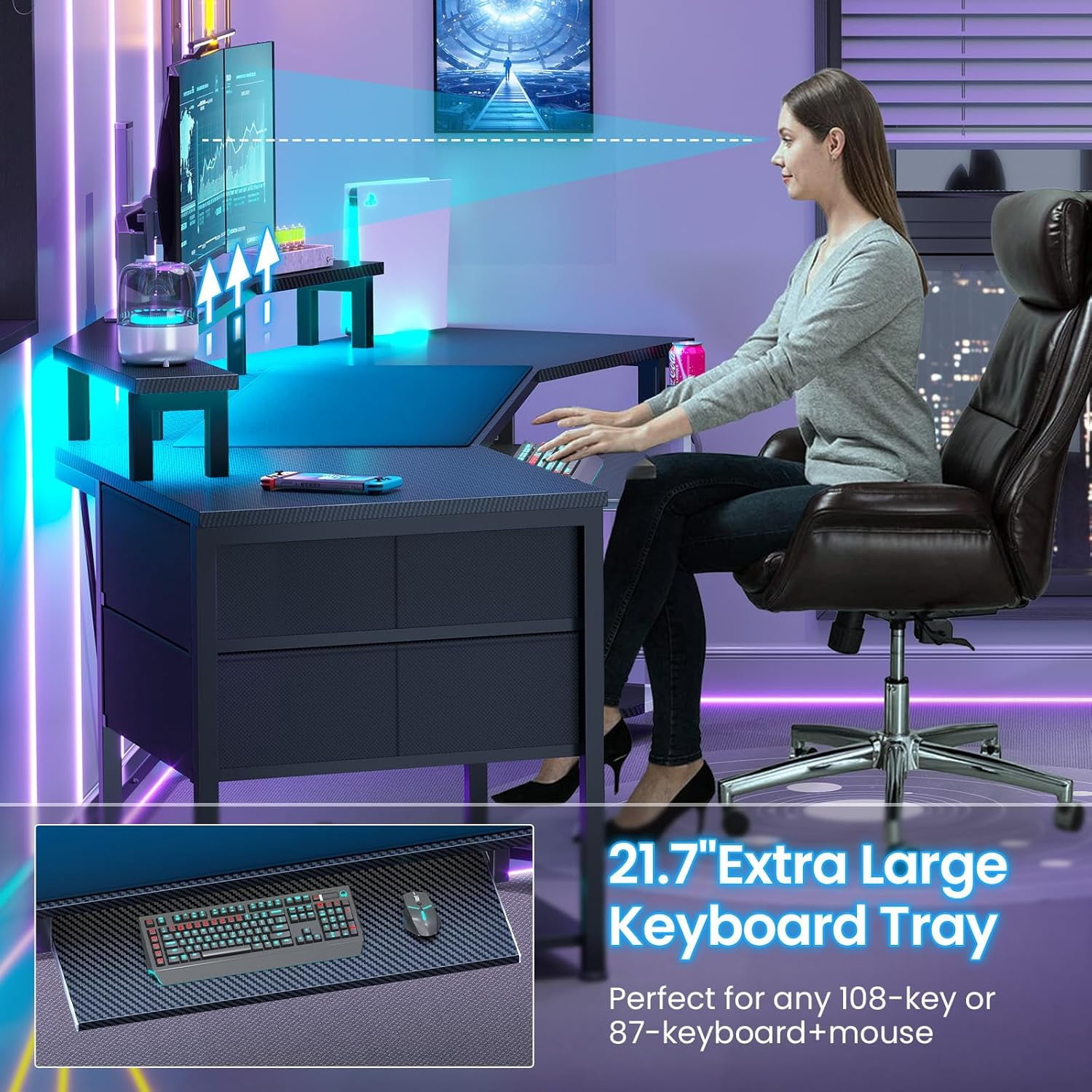 SEDETA 79" Gaming Desk with LED Lights and Power Outlets, U Shaped Desk with Monitor Stand and Drawers, Gaming Table with Keyboard Tray, Cup Holder and CPU Stand for Bedroom, Carbon Fiber Black