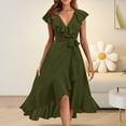 thumbnail image 1 of IDALL Robes d'Été, Robes Petites Femmes Col en V Manches Courtes à Volants Longue Robe Élégante, Robe Ajustée et Évasée, Robes Femmes Vert Armée m, 1 of 5