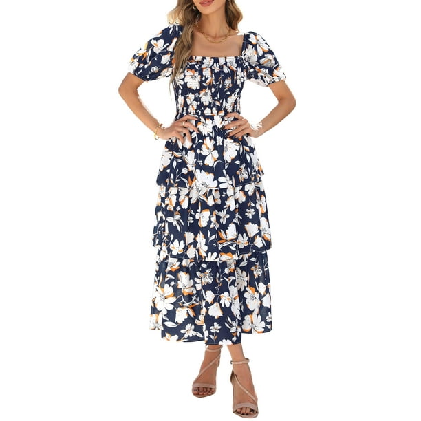 Vestido casual BTFBM para mujer con cuello cuadrado y manga abullonada