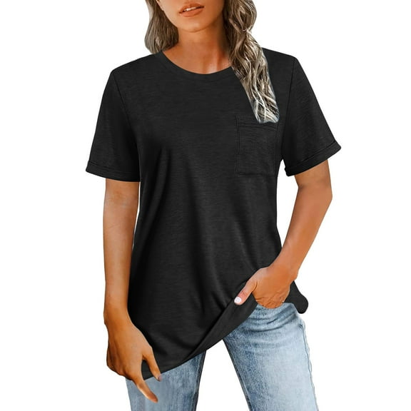 Tittly Womens Shirts Short Sleeve Shirts Womens Summer Tops Casual Rolled Sleeve Shirts For Women With Pocket Lightweight Crew Neck Tee Classic Fit Tshirts Shirts Workout Shirts Black S