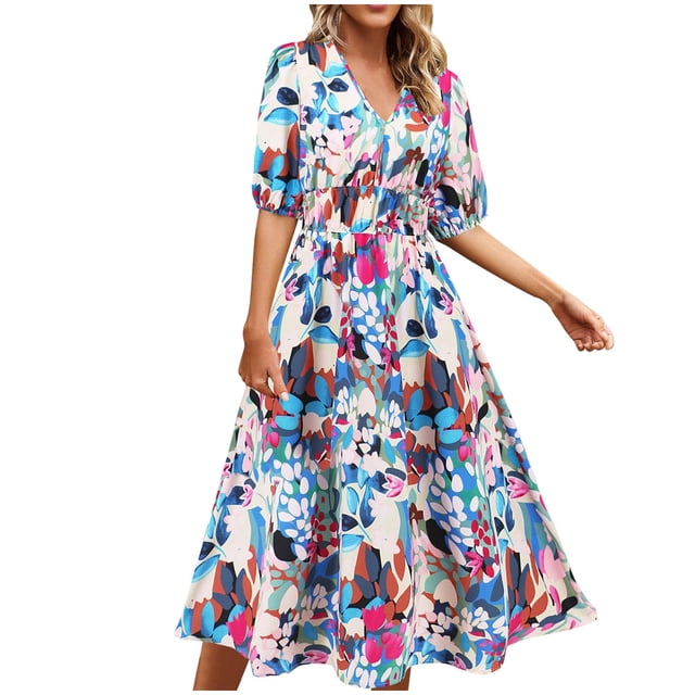 Vestido de Manga Corta para las Mujeres Sexy Flor Impresión Cuello en V Vestido de Becerro Medio, Moda de Verano Casual para las Mujeres