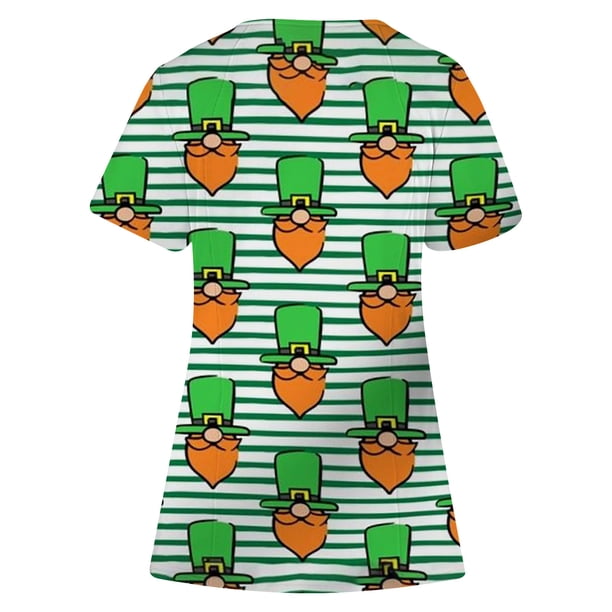Top de ropa de trabajo con bolsillo y manga corta con cuello en V y estampado del Día de San Patricio a la moda para mujer Fridja gope4977
