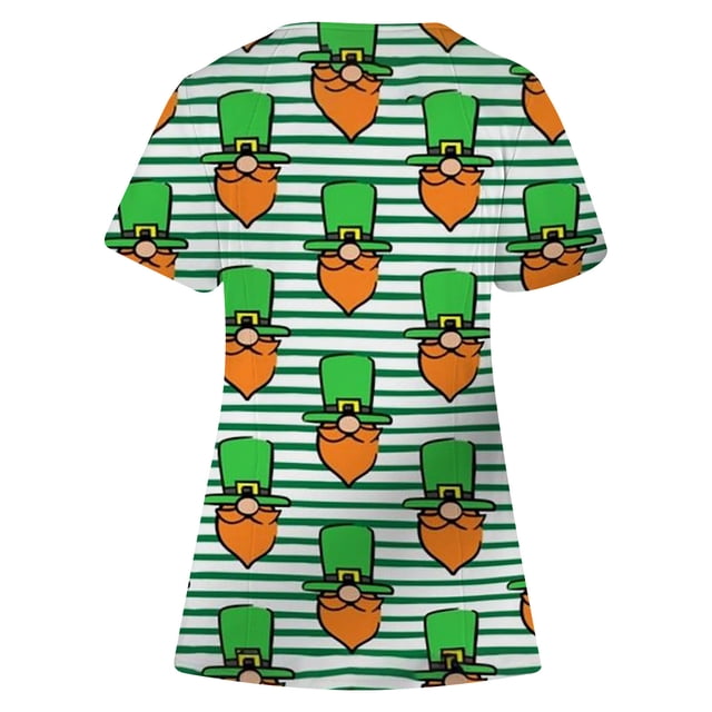 DPTALR Haut de Travail à Manches Courtes et Col en V Imprimé pour la Saint-Patrick pour Femmes avec Poche