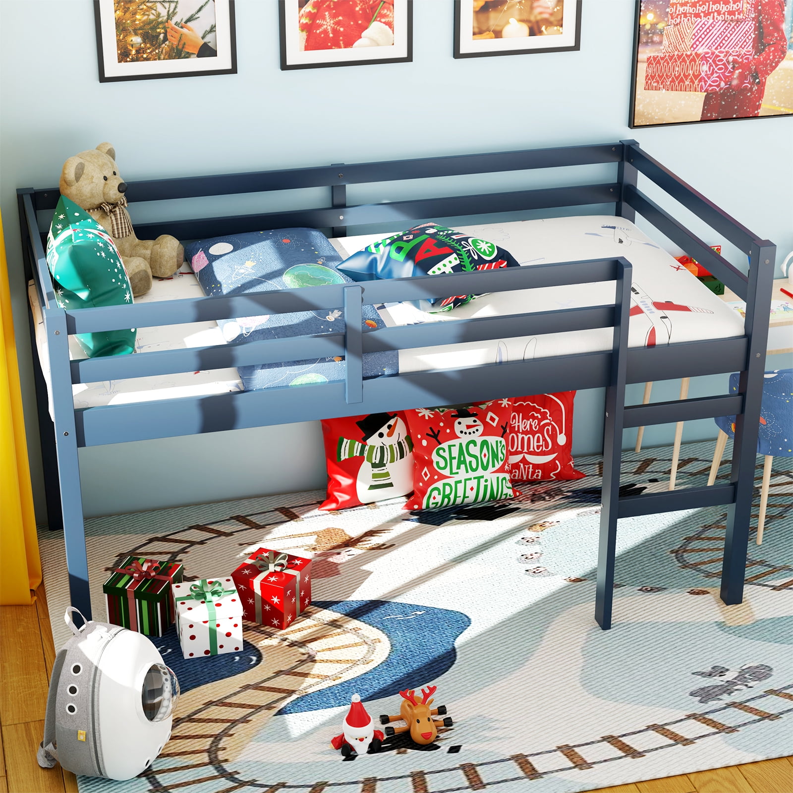 Miniyam Wood Twin Size Loft Bed for Kids, Space-Saving Design, Blue