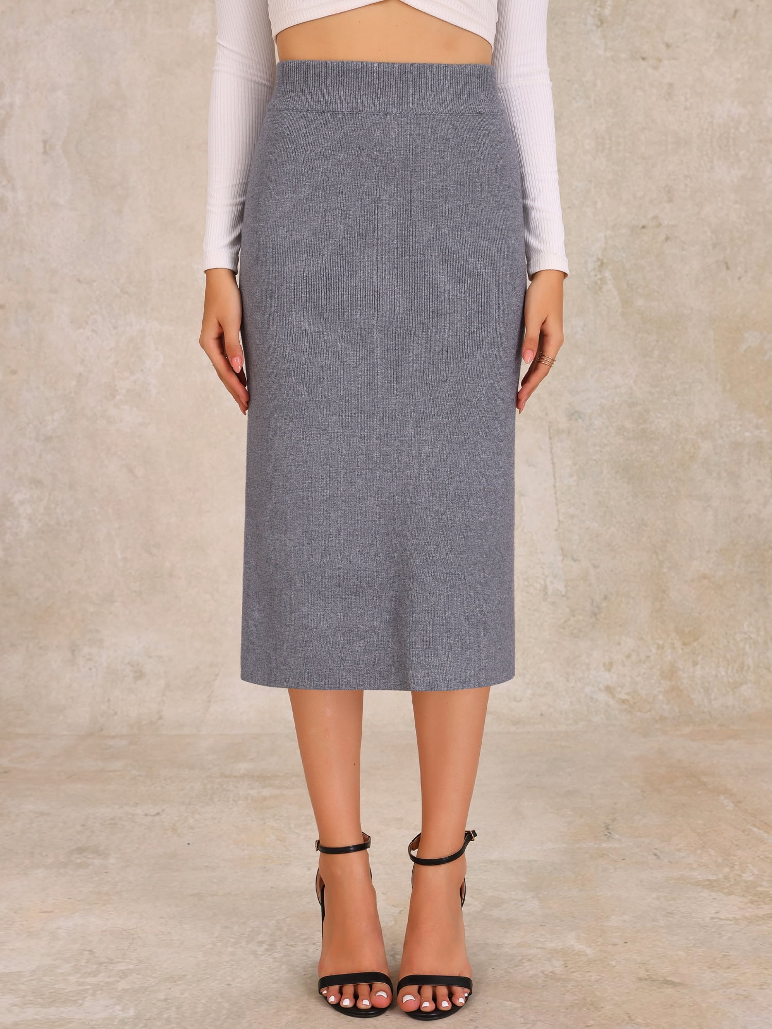 DARING DIVA Women's Ribbed Knit Stretchy Slit Midi Skirt M Light Grey