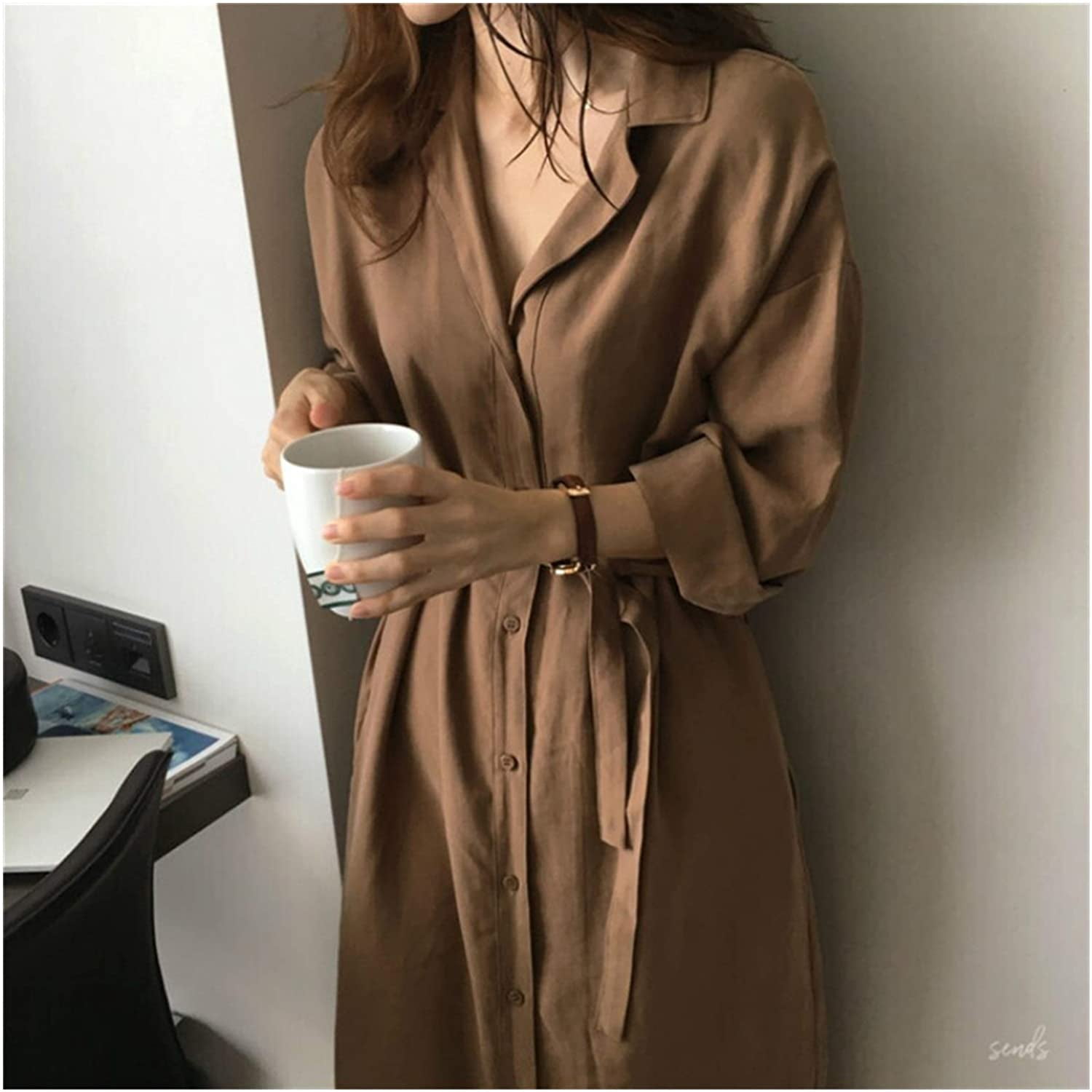 ATTOE 2020 Spring Autumn Female Batwing Sleeve Vintage Solid Shirt Utility Dress Women Casual Loose Wrap Dress Oversize Color Camel Size Large Walmart