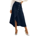 thumbnail image 2 of Women's Asymmetrical Wrap Hem A-Line Denim Skirt Stretch High Waist Elegant Swing Business Casual Jean Skirts, M, 2 of 5