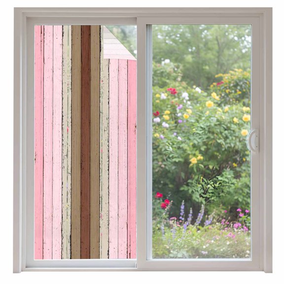 Pink Wood Grain Window Privacy Film, Brown Vintage Mottled Country Stripes Static Cling UV Sun Blocking Heat Control Window Tint Day and Night,Non-Adhesive One Way Windows Privacy Cover 35.4''x78.7''