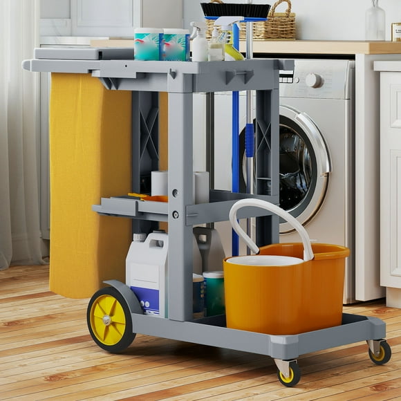 DEXTRUS Cleaning Cart,3-Tier Professional Cleaning Trolley with Wheels, Durable Plastic Janitorial Cart, Includes Two 25 Gallon Yellow Vinyl Bags and a Pair of Rubber Gloves, Gray