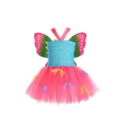 Pudcoco Fairy Cosplay Dress for Girls, Pink Sleeveless Tie-Up Mesh Patchwork Dress + Colorful Butterfly Wing Set