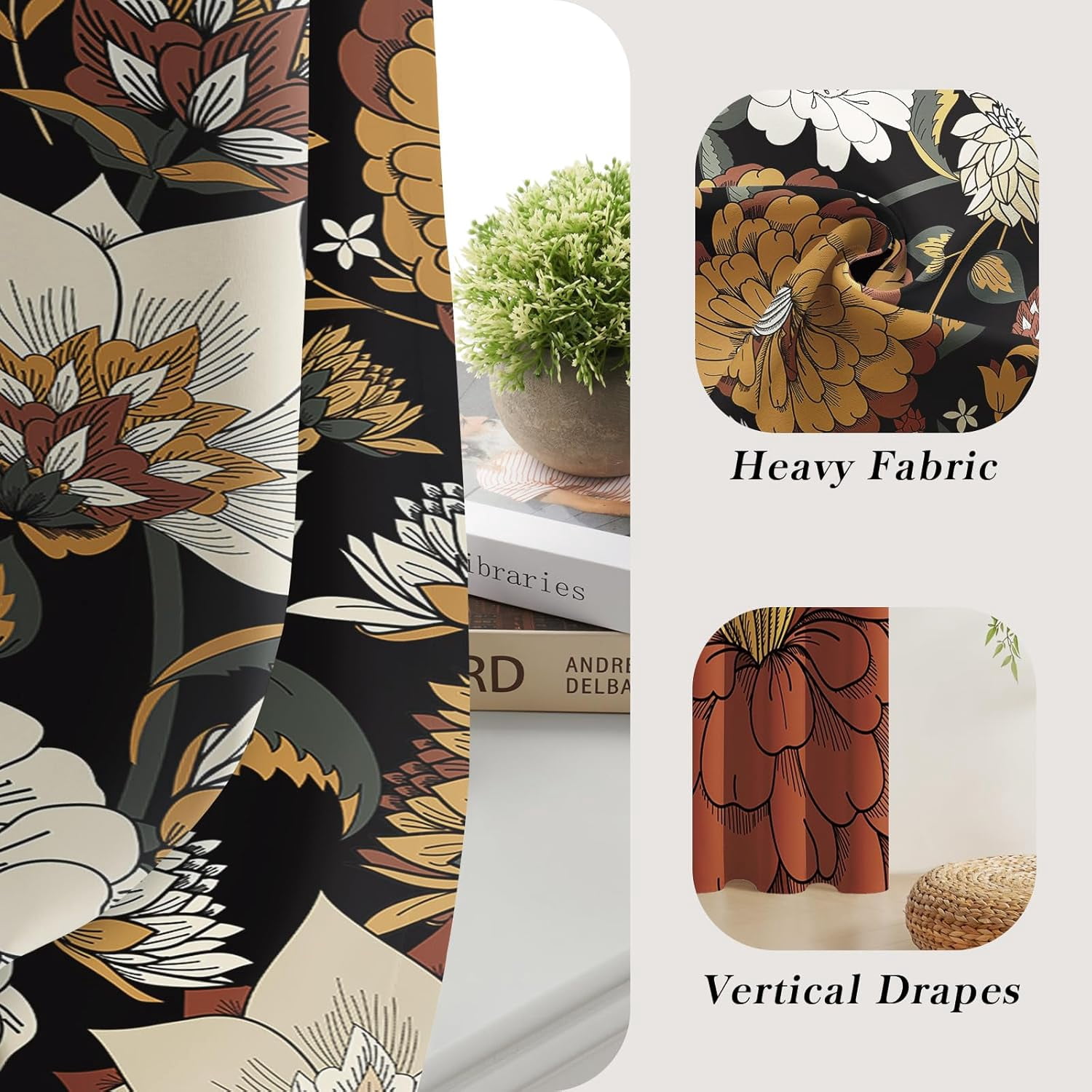 Boho Flower Blackout Curtains for Bedroom Windows, Plant Leaves Print Curtains for Living Room, Black Bohemian Dining Room Curtain Draperies 2 Panel Sets, 52" X 84"