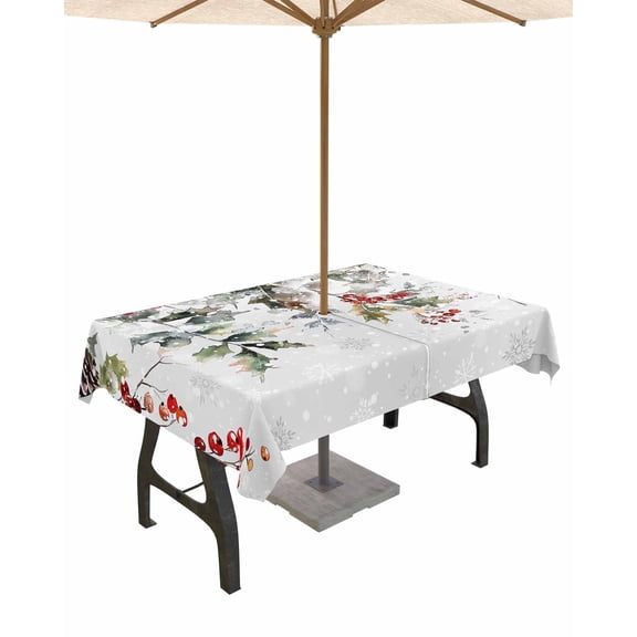 Boanket Outdoor Tablecloth with Umbrella Hole for Patio/Picnic/Party/Camping, Grey Christmas Waterproof Table Cloth Rectangle Table Cover Washable, Xmas Tree Botanical Red Berry Pinecone (54"x 80")
