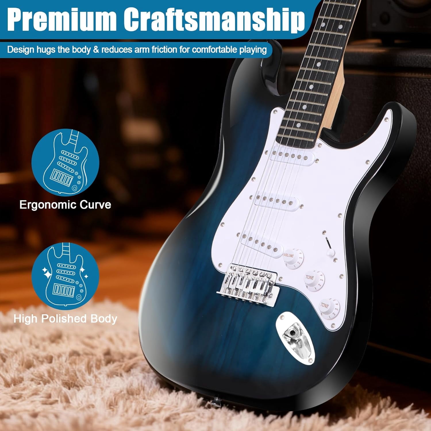 39" Electric Guitar Beginner Kit Full Size Blue Guitar with 10W Amp, Case and Accessories Pack for Starter (Blue)