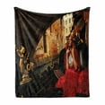 thumbnail image 1 of Venice Soft Flannel Fleece Throw Blanket, Young Woman with a Red Cloak and Carnival Riding on Antique Gondola, Cozy Plush for Indoor and Outdoor Use, 50" x 70", Red Black Pale Brown, by Ambesonne, 1 of 6