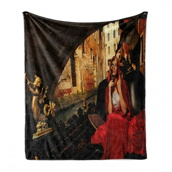 Venice Soft Flannel Fleece Throw Blanket, Young Woman with a Red Cloak and Carnival Riding on Antique Gondola, Cozy Plush for Indoor and Outdoor Use, 50" x 70", Red Black Pale Brown, by Ambesonne
