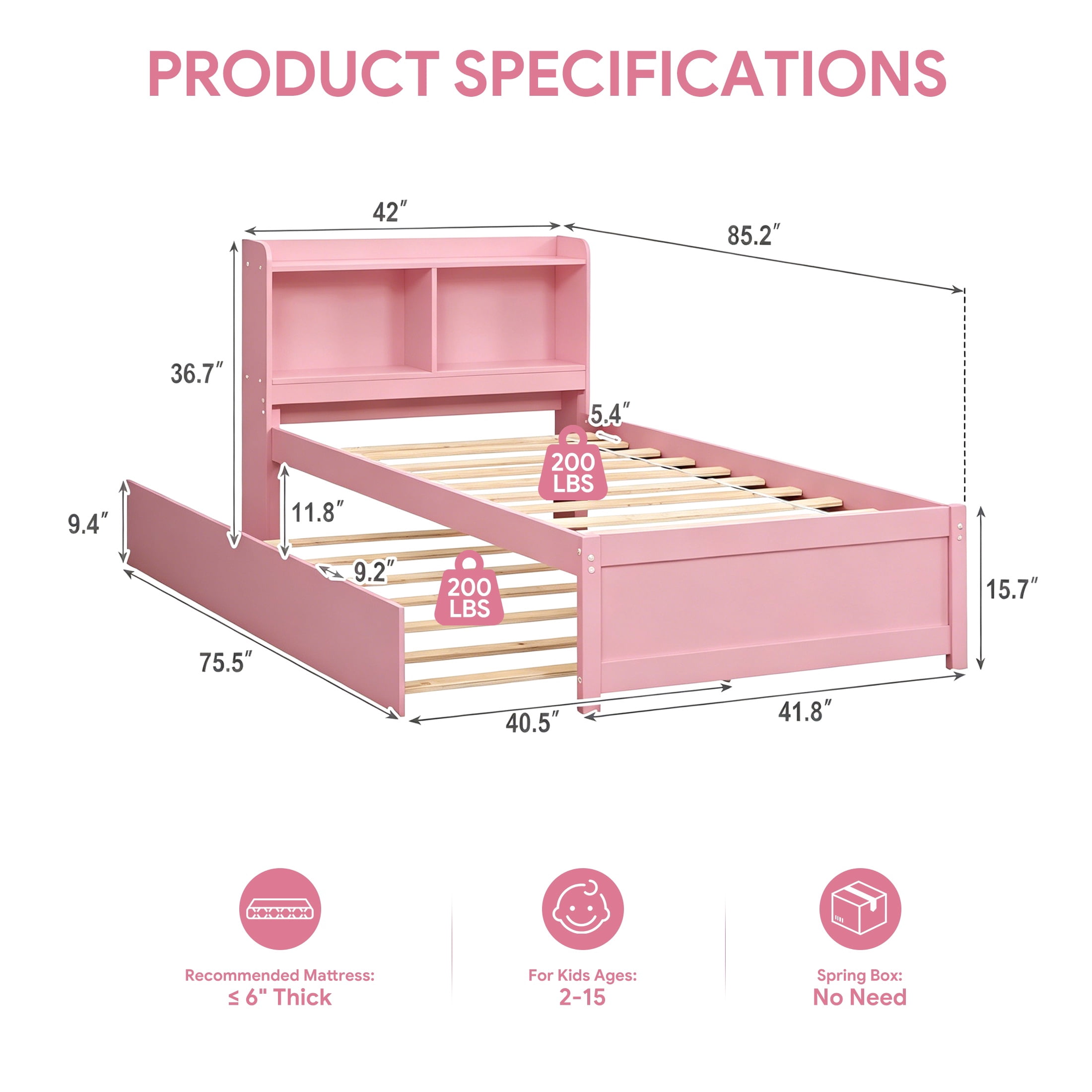 UHOMEPRO Twin Trundle Bed with Storage Headboard, Pink Trundle Bed Frame for Kids Girls Boys, Twin Bed with Trundle, No Box Spring Needed
