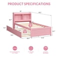 thumbnail image 4 of UHOMEPRO Twin Trundle Bed Frame with Storage and Bookcase Headboard, Pink Twin Bed with Trundle for Kids, Twin Bed Frame for Boys Girls, No Box Spring Needed, 4 of 7