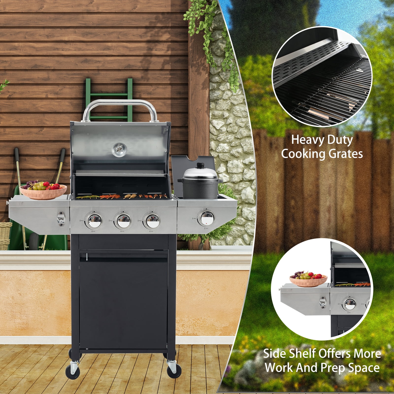 MEWANG 3 Burner Propane Gas Grill with Side Burner,Stainless Steel Gas Grill for Outdoor BBQ,Camping