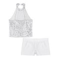 thumbnail image 6 of YEAHDOR Kids Girls Gymnastic Dance Outfit Halter Allover Sequins Tops with Gymnastics Workout Shorts White 12, 6 of 7