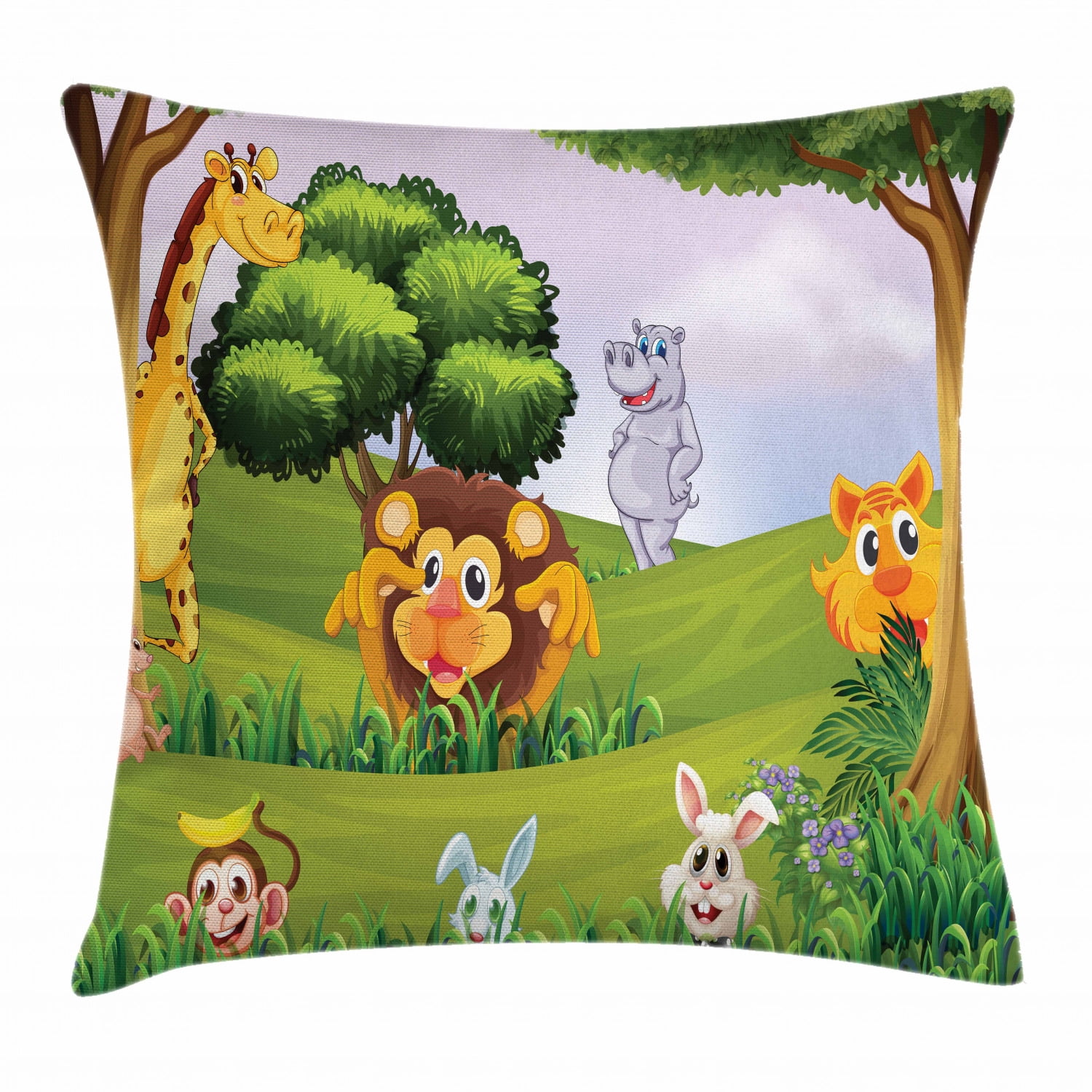 Zoo Throw Pillow Cushion Cover, Animals in the Forest Cartoon
