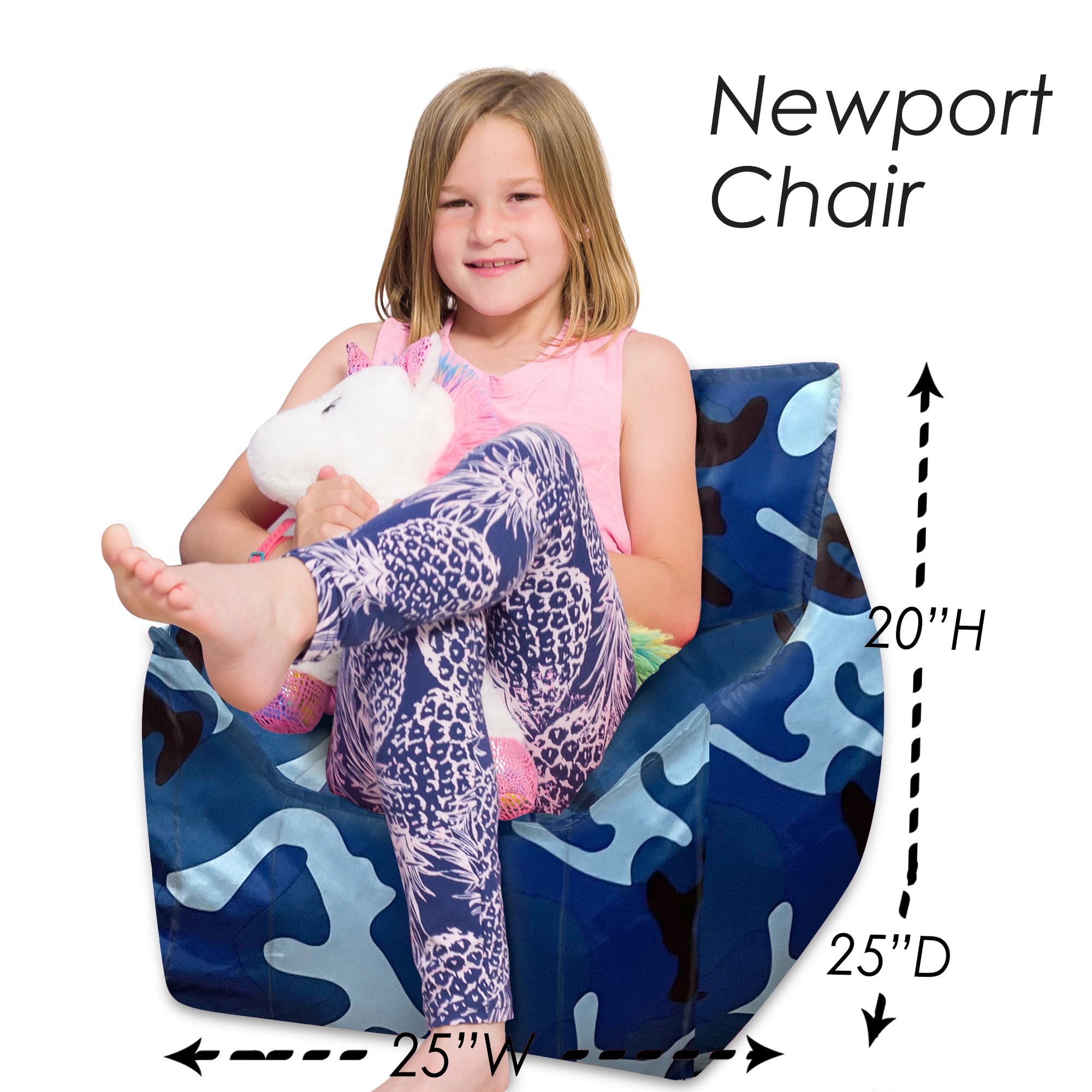 Posh Creations Structured Comfy Bean Bag Chair, Newport Chair, Nylon - Camo Blue and Light Blue