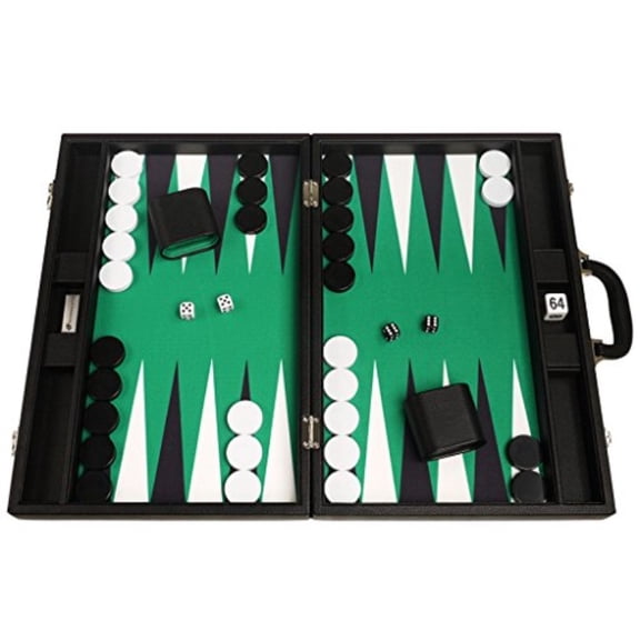 Silverman & Co. 19-inch Premium Backgammon Set - Large Size - Black Board, Green Playing Surface, Black and White Points