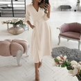 thumbnail image 3 of Women V Neck Lapel Dress Seven Part Sleeve Belt Dress Spring Elegant Casual Work Wear, 3 of 5
