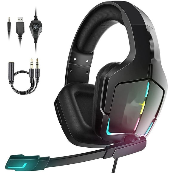 Gaming Headset, Cool LED Light Headphone with Mic Light, PC Headset, Excellent Sound Quality Over-Ear Headset for PC, Xbox One, Xbox Series X|S, PS5, PS4, Black