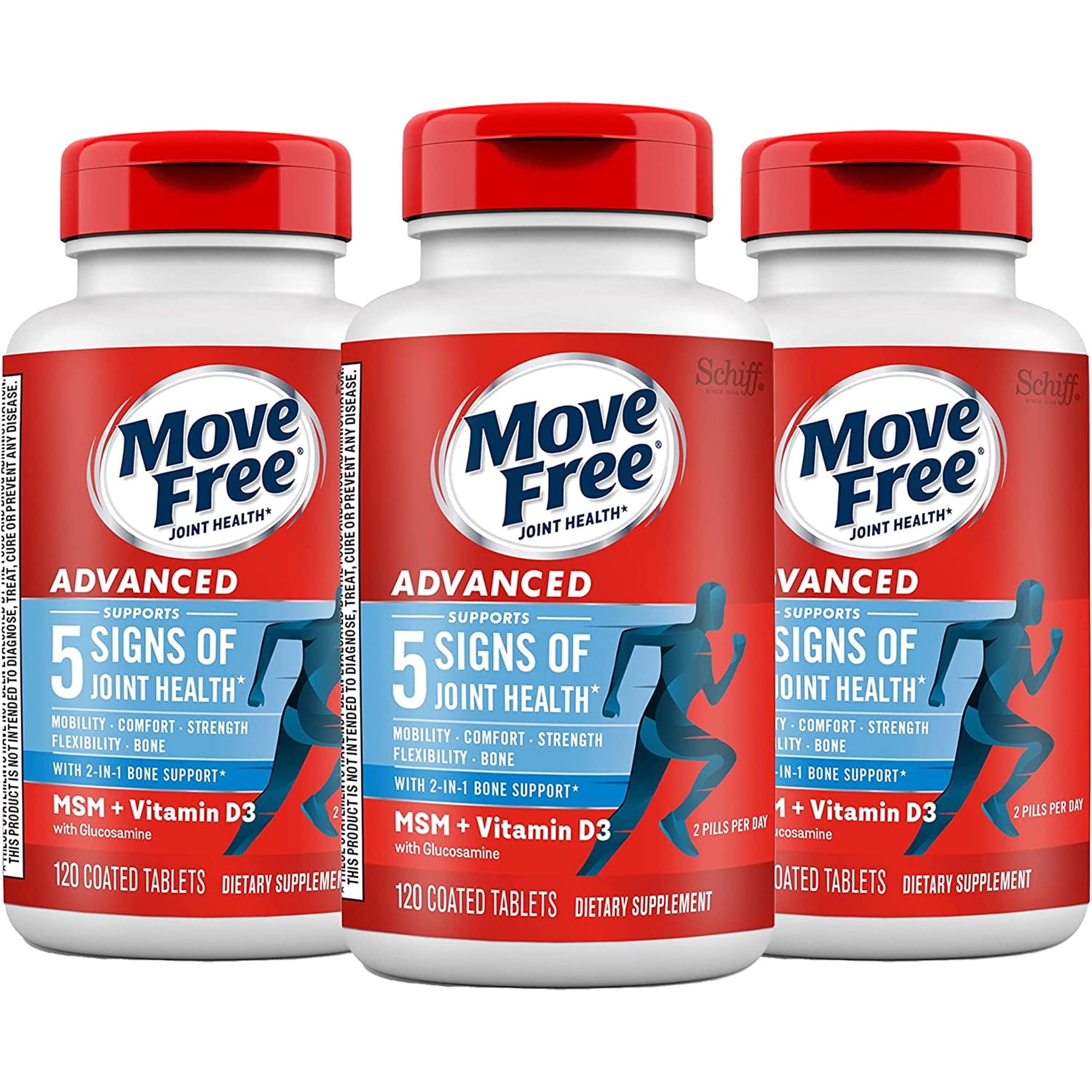 Move Free Advanced Glucosamine Chondroitin MSM + Vitamin D3 Joint Support Supplement, Supports Mobility Comfort Strength Flexibility & Bone + Immune Health - 3x120ct Bottles (120 servings)*
