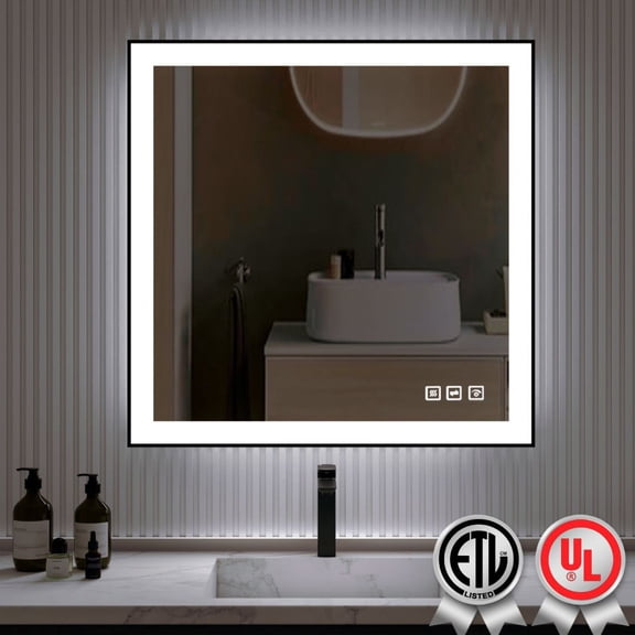 36x36 Inch Rectangular Framed LED Anti-Fog Wall Bathroom Vanity Mirror in Black with Backlit and Front Light