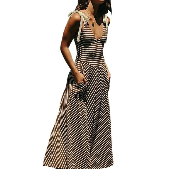 Women Casual Summer Smocked V Neck Beach Striped Sleeveless Sundress Flowy Long Dress with Pockets Dark Gray XL