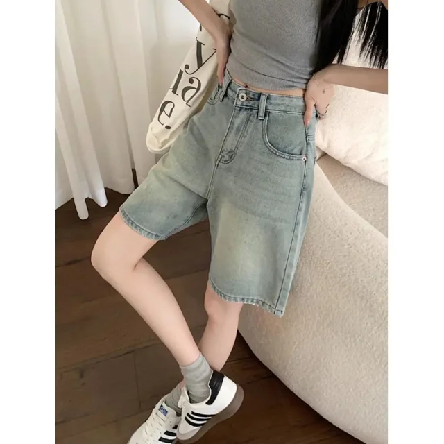 Pantalones cortos desgastados de pierna ancha lavados de cintura alta Vintage Jeans mujeres americano recto Denim Y2k longitud corta ropa informal suelta